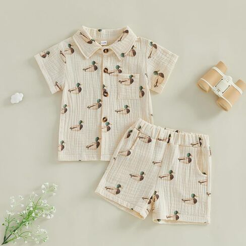 Toddler Baby Boy Summer Clothes Cotton Linen Dinosaur/Duck Short Sleeve Button Dress Shirt Shorts Muslin 2 Piece Set in Kuwait