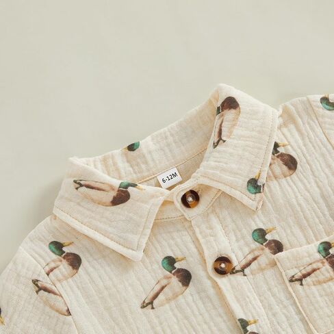 Toddler Baby Boy Summer Clothes Cotton Linen Dinosaur/Duck Short Sleeve Button Dress Shirt Shorts Muslin 2 Piece Set in Kuwait