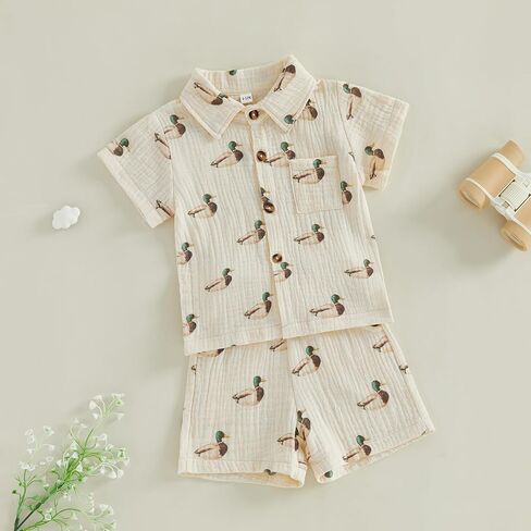Toddler Baby Boy Summer Clothes Cotton Linen Dinosaur/Duck Short Sleeve Button Dress Shirt Shorts Muslin 2 Piece Set in Kuwait