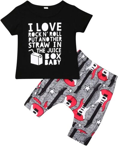 Toddler Boy Rock Guitar Outfit Cotton Blend T Shirt Shorts Set 2 Piece | Soft Cotton Blend, Guitar Print Shorts, Rock Music Style, Breathable Fabric, Summer Outfit, Everyday Wear in Kuwait