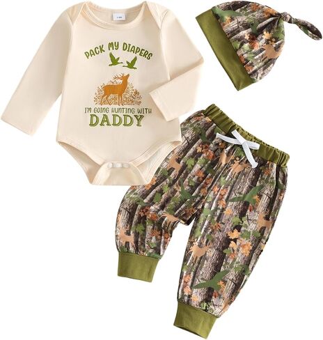 Newborn Baby Boy Hunting Outfit Duck Romper Camo Pant 3pcs Clothes | Infant Boys Ruffle Long Sleeve Crewneck Jumpsuit Tops And Camouflage Pants Sets With Hat Kids Fall Winter Outfits in Kuwait