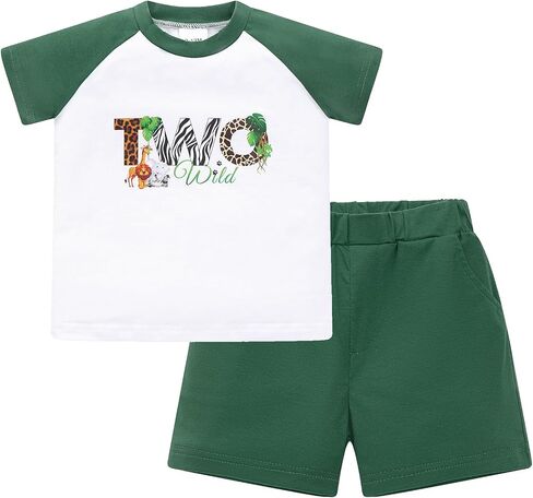 IBTOM CASTLE Toddler Birthday Outfit Boy Wild One Two Jungle Safari Shirts | Toddler Baby Boy 1st 2nd 3rd Birthday Outfit Wild One Two Jungle Safari Animal T-Shirt Top Shorts for Cake Smash Photoshoot in Kuwait