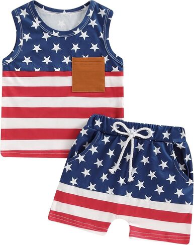 Toddler Boy 4th of July Outfit Stripe&Star Print Pocket Tank Tops with Shorts 2Pcs Independence Day Clothing Set in Kuwait