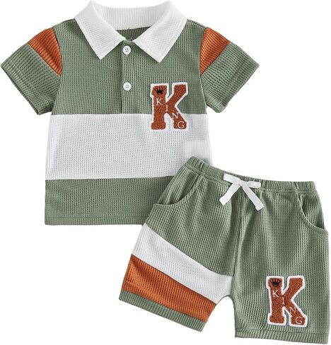 Karwuiio Toddler Baby Boy Summer Clothes Short Sleeve Color Block T Shirt Shorts Set Infant Soft Waffle Outfits in Kuwait