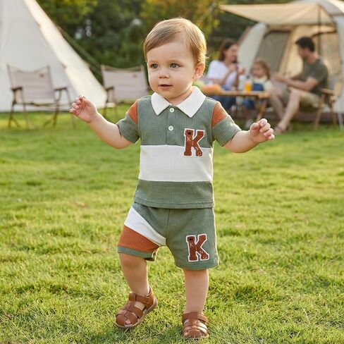 Karwuiio Toddler Baby Boy Summer Clothes Short Sleeve Color Block T Shirt Shorts Set Infant Soft Waffle Outfits in Kuwait