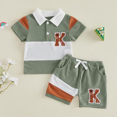 Karwuiio Toddler Baby Boy Summer Clothes Short Sleeve Color Block T Shirt Shorts Set Infant Soft Waffle Outfits in Kuwait