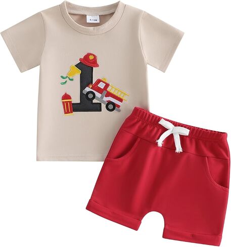 Baby Boy First Birthday Outfit Fire Truck Embroidered Short Sleeve T-shirt Solid Shorts Summer 1St Birthday Clothes in Kuwait