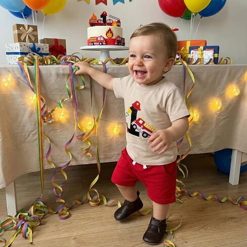 Baby Boy First Birthday Outfit Fire Truck Embroidered Short Sleeve T-shirt Solid Shorts Summer 1St Birthday Clothes in Kuwait