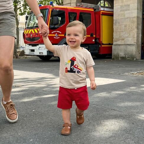 Baby Boy First Birthday Outfit Fire Truck Embroidered Short Sleeve T-shirt Solid Shorts Summer 1St Birthday Clothes in Kuwait