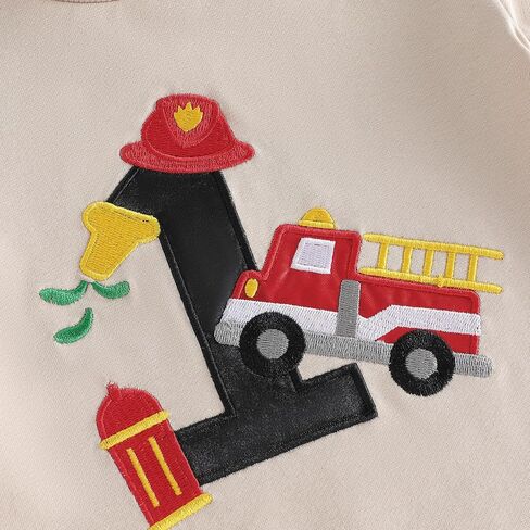 Baby Boy First Birthday Outfit Fire Truck Embroidered Short Sleeve T-shirt Solid Shorts Summer 1St Birthday Clothes in Kuwait