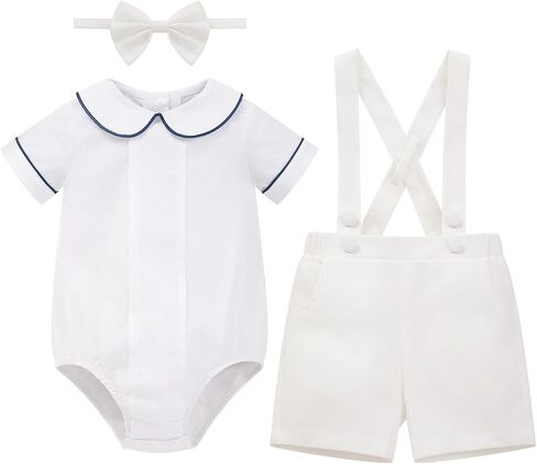 IDOPIP Baptism Christening Outfits for Boys Baby Formal Suit Outfit Romper Bowtie Suspenders Shorts Set for Wedding Birthday in Kuwait