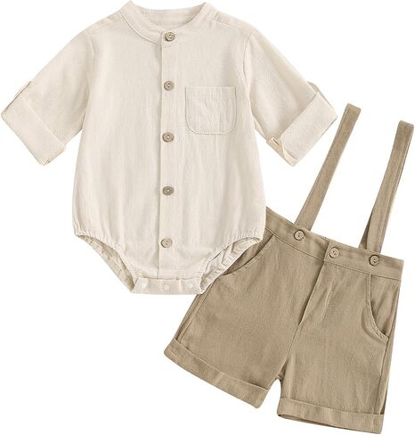 Infant Baby Boy Gentleman Outfits Short Sleeve Bowtie Button Romper+Suspender Overalls Pants Set Wedding Set Formal in Kuwait