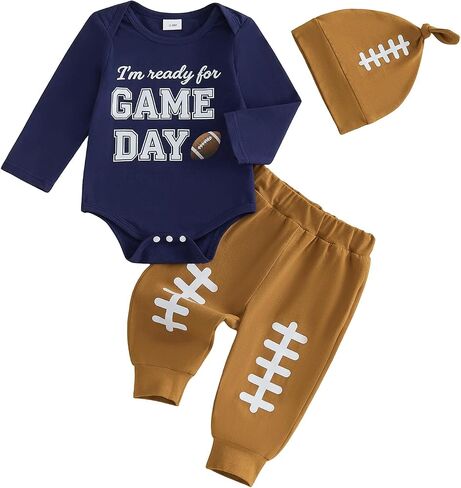 Newborn Baby Boy Football Outfit Game Day Romper and Pants Set Fall Clothes | Newborn Baby Boy Football Outfit Game Day Long Sleeve Romper and Pants Set with Hat Infant Fall Winter Clothes 3Pcs in Kuwait