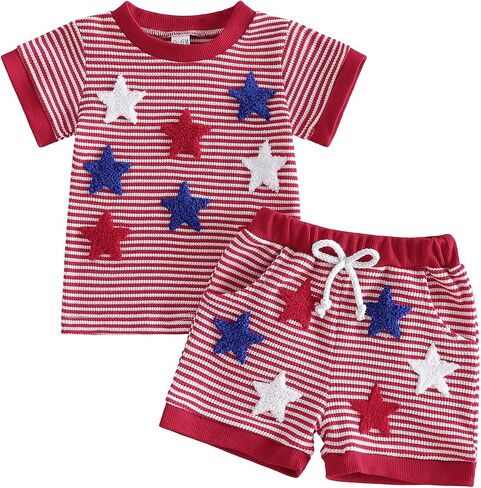 Babieshouse 4th of July Baby Boy Outfit Letter Flag Embroidery Short Sleeve T-shirt Top Shorts Waffle Fourth of July Clothes in Kuwait