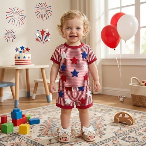 Babieshouse 4th of July Baby Boy Outfit Letter Flag Embroidery Short Sleeve T-shirt Top Shorts Waffle Fourth of July Clothes in Kuwait