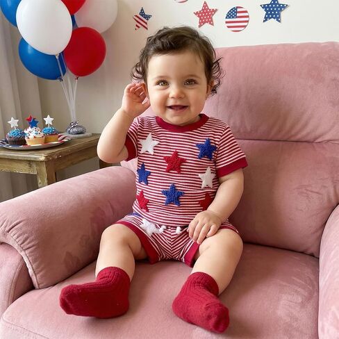 Babieshouse 4th of July Baby Boy Outfit Letter Flag Embroidery Short Sleeve T-shirt Top Shorts Waffle Fourth of July Clothes in Kuwait
