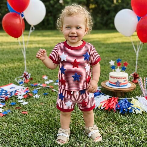 Babieshouse 4th of July Baby Boy Outfit Letter Flag Embroidery Short Sleeve T-shirt Top Shorts Waffle Fourth of July Clothes in Kuwait