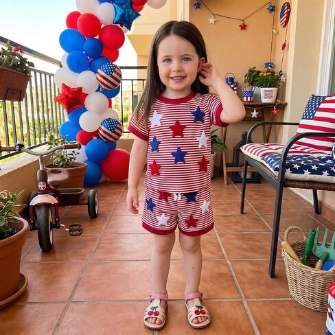 Babieshouse 4th of July Baby Boy Outfit Letter Flag Embroidery Short Sleeve T-shirt Top Shorts Waffle Fourth of July Clothes in Kuwait