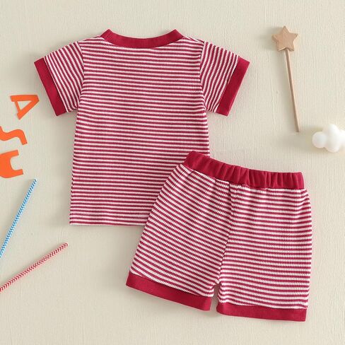Babieshouse 4th of July Baby Boy Outfit Letter Flag Embroidery Short Sleeve T-shirt Top Shorts Waffle Fourth of July Clothes in Kuwait