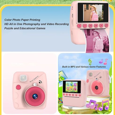Instant Print Camera for Kids, Pink | 48MP Photo 1080P Video, 2.4 inch Color Screen, Inkless Thermal, with 2 Rolls Print Paper, 1500mAh Battery, for 4 to 12 Years in Kuwait