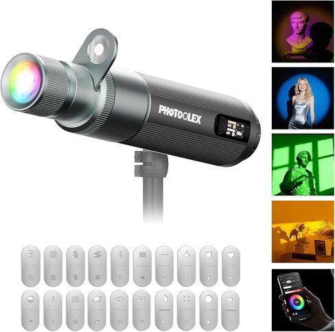PHOTOOLEX RGB Photography Spotlight, Photography Flashlight, Optical Snoot | 360 ° Color/3500K-7000K/CRI96+/12 Effects/3 Optical Lens/12W Output/PRO, 20 Metal Gobo Filters/9000mAh/APP Control/Portable in Kuwait