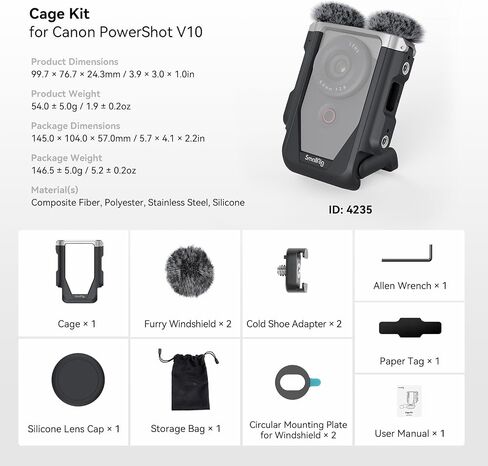 SmallRig Cage Kit for Canon PowerShot V10 with Furry Windshields, Camera Cage, Lens Cap and Storage Bag, Effectively Reducing Wind Noise About 20dB, for Outdoor Shooting, Travel, Vlog - 4235 in Kuwait