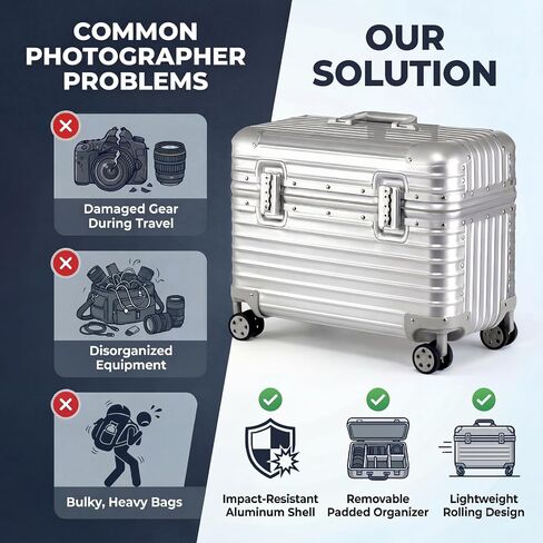 Full Aluminum Rolling Camera Bag 18" Camera Case | Wheeled Photography Gear Case, Carry-on Luggage, Dual TSA locks, Detachable Wheels & Dividers, Fits 17" laptop, DSLRs & Lens in Kuwait
