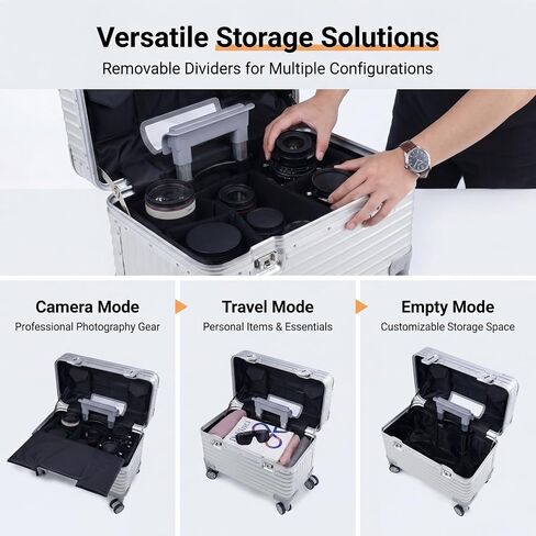 Full Aluminum Rolling Camera Bag 18" Camera Case | Wheeled Photography Gear Case, Carry-on Luggage, Dual TSA locks, Detachable Wheels & Dividers, Fits 17" laptop, DSLRs & Lens in Kuwait