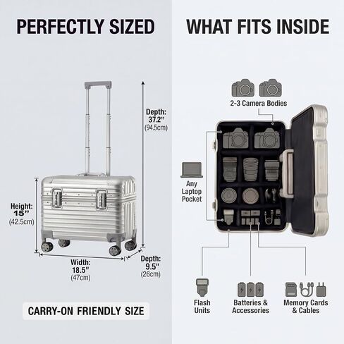 Full Aluminum Rolling Camera Bag 18" Camera Case | Wheeled Photography Gear Case, Carry-on Luggage, Dual TSA locks, Detachable Wheels & Dividers, Fits 17" laptop, DSLRs & Lens in Kuwait