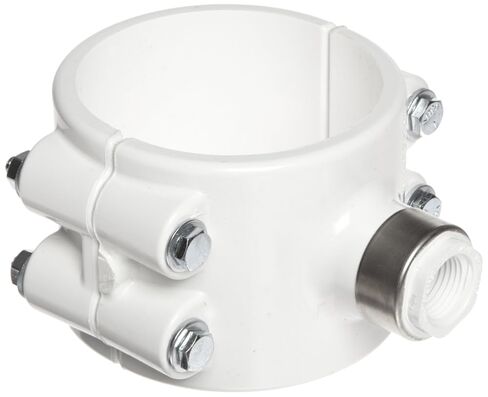 Spears 467E-SR Series PVC Clamp-On Saddle with EPDM O-Ring, Zink Bolt, Stainless Steel Reinforced Outlet, Schedule 40, White, 2" IPS OD x 1/2" NPT Female in Kuwait
