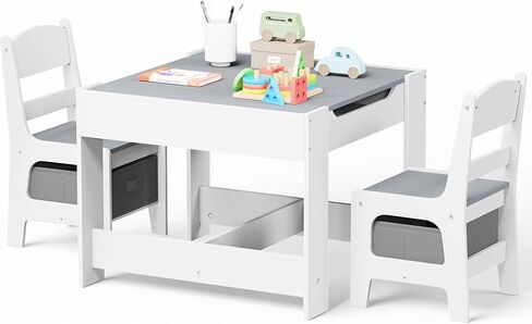 Kinder King Kids Wood Table & 2 Chairs Set, Blackboard, Grey & White | Storage, Children Activity Table, Studying, Drawing, Toddler Furniture Set for Playroom, Classroom, Daycare, Home, 3 Years+ in Kuwait