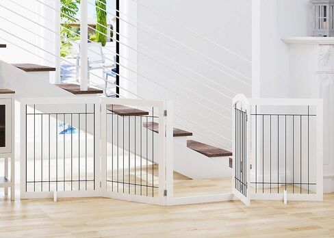 SPIRICH Freestanding Foldable Dog Gate Indoor with Door, 96" Wide, 30" Tall | Walk Through Pet Gate for Doorways, Stairs, the House, Wooden Puppy Safety Fence, Hallway, 4 Panels, White in Kuwait