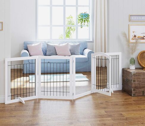 SPIRICH Freestanding Foldable Dog Gate Indoor with Door, 96" Wide, 30" Tall | Walk Through Pet Gate for Doorways, Stairs, the House, Wooden Puppy Safety Fence, Hallway, 4 Panels, White in Kuwait