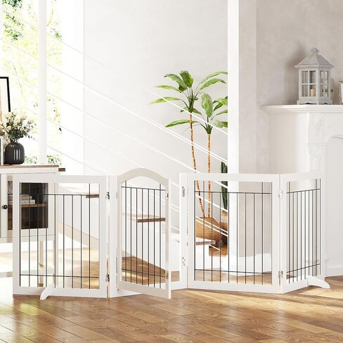 SPIRICH Freestanding Foldable Dog Gate Indoor with Door, 96" Wide, 30" Tall | Walk Through Pet Gate for Doorways, Stairs, the House, Wooden Puppy Safety Fence, Hallway, 4 Panels, White in Kuwait