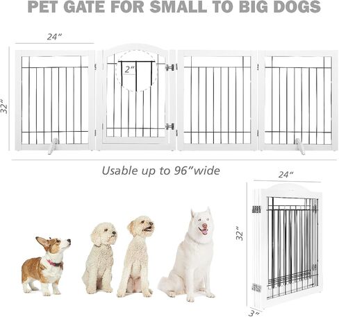 SPIRICH Freestanding Foldable Dog Gate Indoor with Door, 96" Wide, 30" Tall | Walk Through Pet Gate for Doorways, Stairs, the House, Wooden Puppy Safety Fence, Hallway, 4 Panels, White in Kuwait