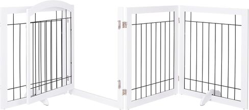 SPIRICH Freestanding Foldable Dog Gate Indoor with Door, 96" Wide, 30" Tall | Walk Through Pet Gate for Doorways, Stairs, the House, Wooden Puppy Safety Fence, Hallway, 4 Panels, White in Kuwait