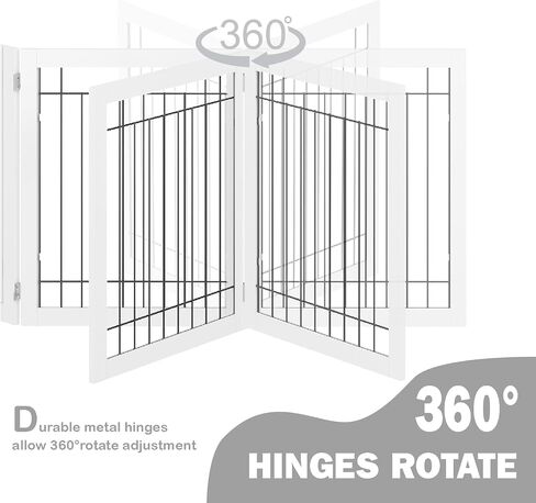 SPIRICH Freestanding Foldable Dog Gate Indoor with Door, 96" Wide, 30" Tall | Walk Through Pet Gate for Doorways, Stairs, the House, Wooden Puppy Safety Fence, Hallway, 4 Panels, White in Kuwait