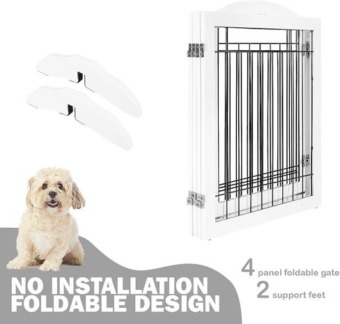 SPIRICH Freestanding Foldable Dog Gate Indoor with Door, 96" Wide, 30" Tall | Walk Through Pet Gate for Doorways, Stairs, the House, Wooden Puppy Safety Fence, Hallway, 4 Panels, White in Kuwait