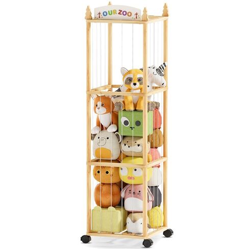 54" Stuffed Animal Storage, Large Toy Organizer with Lockable Wheels | Holds 40+ Stuffed Animals, Pine Wood, Space-Saving Corner Storage, Easy Assembly for Nurseries, Playrooms, Bedrooms in Kuwait