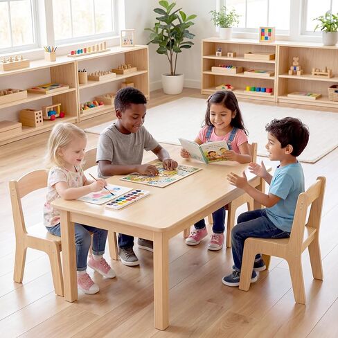Toddler Table and Chair Set, Anti-Slip Legs & Rounded Corners, Sturdy Wooden Kids Table and Chairs for Eating, Learning and Playtime【44.3inch L*21.65 inch W】(1 Table and 4 Chairs) in Kuwait