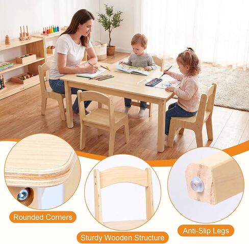 Toddler Table and Chair Set, Anti-Slip Legs & Rounded Corners, Sturdy Wooden Kids Table and Chairs for Eating, Learning and Playtime【44.3inch L*21.65 inch W】(1 Table and 4 Chairs) in Kuwait