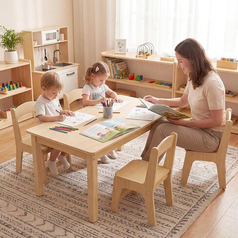 Toddler Table and Chair Set, Anti-Slip Legs & Rounded Corners, Sturdy Wooden Kids Table and Chairs for Eating, Learning and Playtime【44.3inch L*21.65 inch W】(1 Table and 4 Chairs) in Kuwait