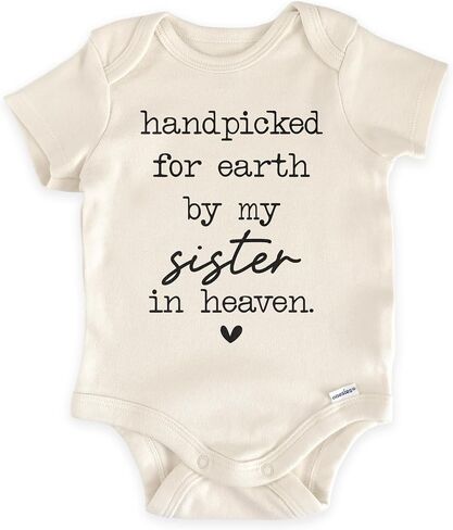 Handpicked For Earth By My Sister In Heaven Bodysuit (0-3 Months, Natural) | Religious Sibling Baby Outfit, Guardian Angel Reveal, Memorial Newborn Clothes, Neutral Photo Prop, Pregnancy Announcement in Kuwait