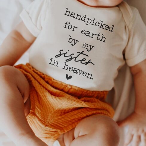 Handpicked For Earth By My Sister In Heaven Bodysuit (0-3 Months, Natural) | Religious Sibling Baby Outfit, Guardian Angel Reveal, Memorial Newborn Clothes, Neutral Photo Prop, Pregnancy Announcement in Kuwait