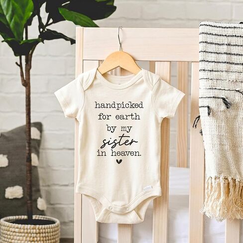 Handpicked For Earth By My Sister In Heaven Bodysuit (0-3 Months, Natural) | Religious Sibling Baby Outfit, Guardian Angel Reveal, Memorial Newborn Clothes, Neutral Photo Prop, Pregnancy Announcement in Kuwait