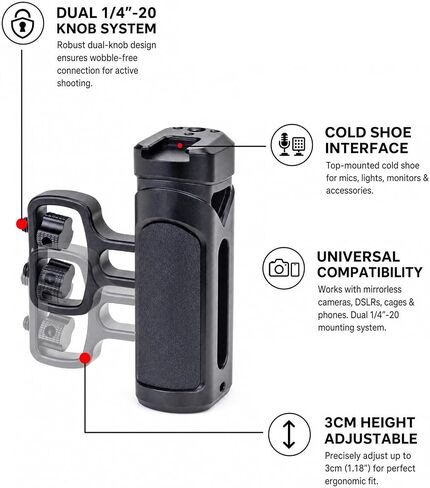 Zeadio Camera Side Handle Grip with Dual 1/4"-20 Mounting Knobs, Cold Shoe Mount, Universal Camera Handgrip for Mirrorless DSLR Cameras, Phone Stand for Recording, Vlogging,Travel etc (Pack of 2) in Kuwait