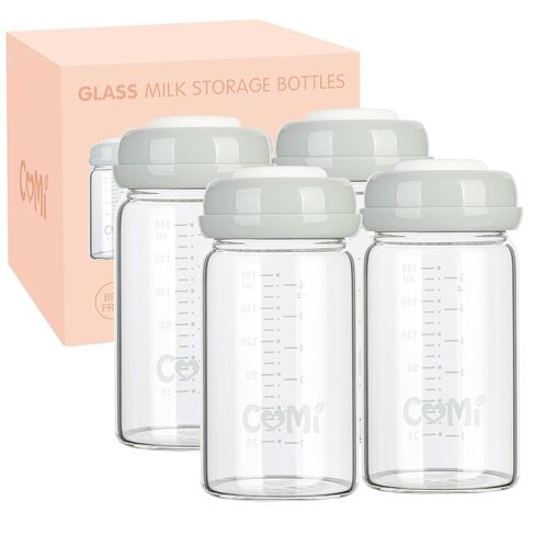 COMI Natural Glass Baby Bottle,Breastmilk Storage Bottle for Fridge,Wide Neck Breast Milk Container with Dome Cap,Fits Breast Pumps & Nipples,BPA Free,4PCS (6oz,4 Gray Lids) in Kuwait