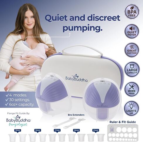 Wearable Breastfeeding Pump with 30 Settings, Double Hands Free, 6oz | BabyBuddha Breast Pump with 30 Comfort Settings, Strong Suction, 4 Modes, Rechargeable, Easy to Clean and Compact for Travel in Kuwait