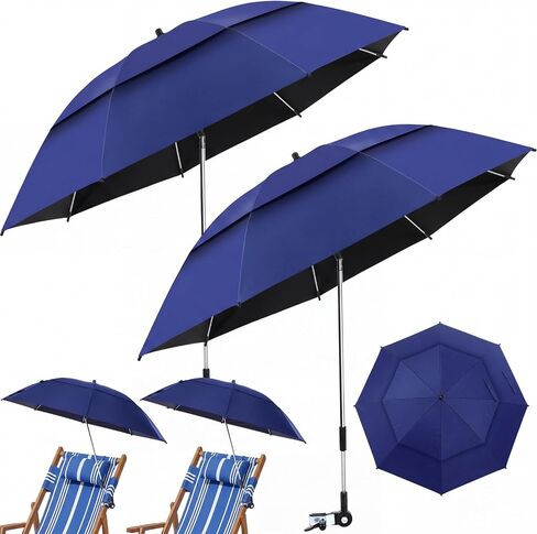 Nuanchu 2 Pcs 49" Double Canopy Beach Umbrellas with Clamp Upf50+ Beach Chair Umbrella with Clip 360 ° Adjustable Portable Outdoor Wheelchair Patio Golf Carts Camping Stroller Fishing in Kuwait