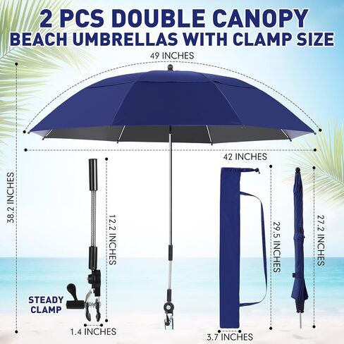 Nuanchu 2 Pcs 49" Double Canopy Beach Umbrellas with Clamp Upf50+ Beach Chair Umbrella with Clip 360 ° Adjustable Portable Outdoor Wheelchair Patio Golf Carts Camping Stroller Fishing in Kuwait